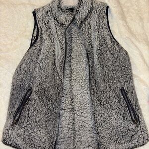 Gray and White Plush Vest with High Collar